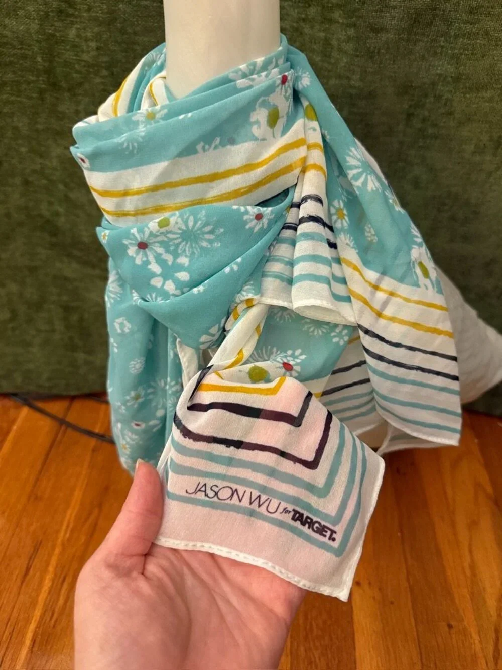 Jason Wu for Target Floral Scarf Aqua Blue Striped Lightweight Square Scarf